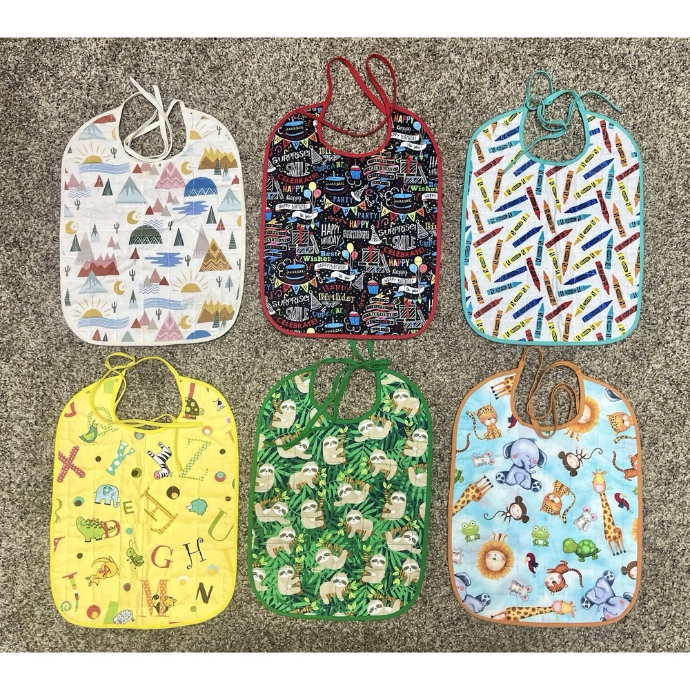 Lot Of 6 Quilted Handmade Bibs Assorted Large Size 12" X 9"